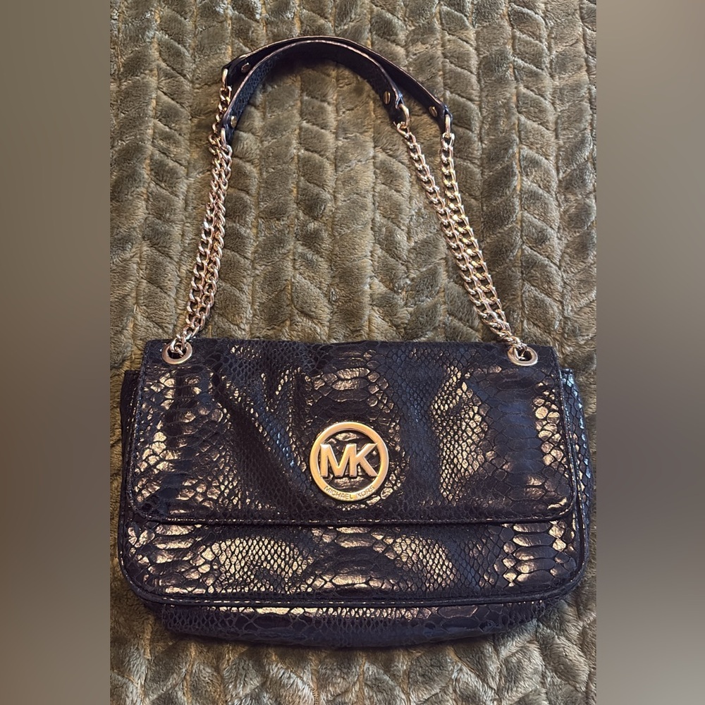 Michael Kors Black and Gold Snake Print Crossbody Bag